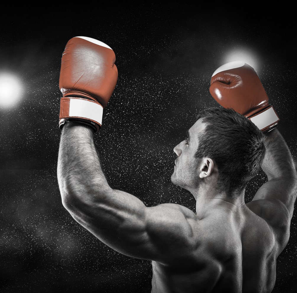 Lutador de boxe com luvas erguidas
